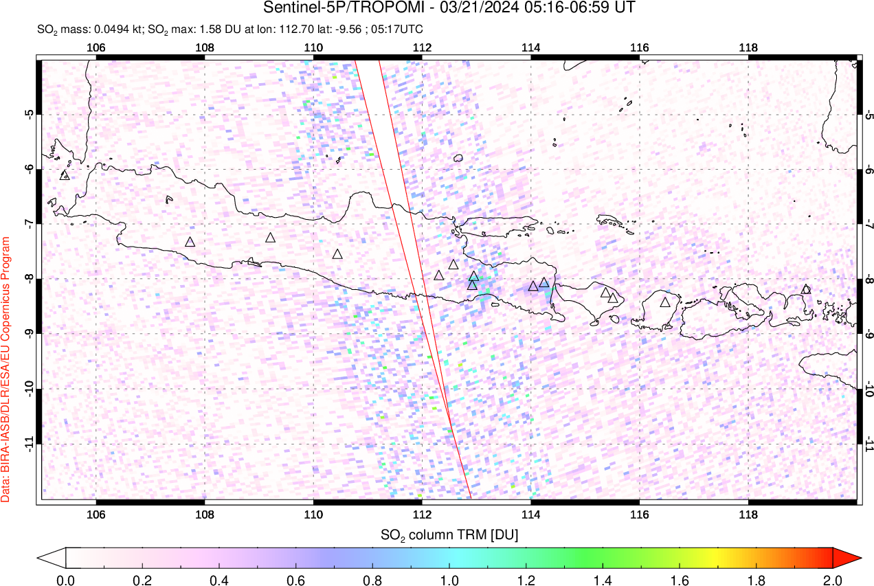 A sulfur dioxide image over Java, Indonesia on Mar 21, 2024.
