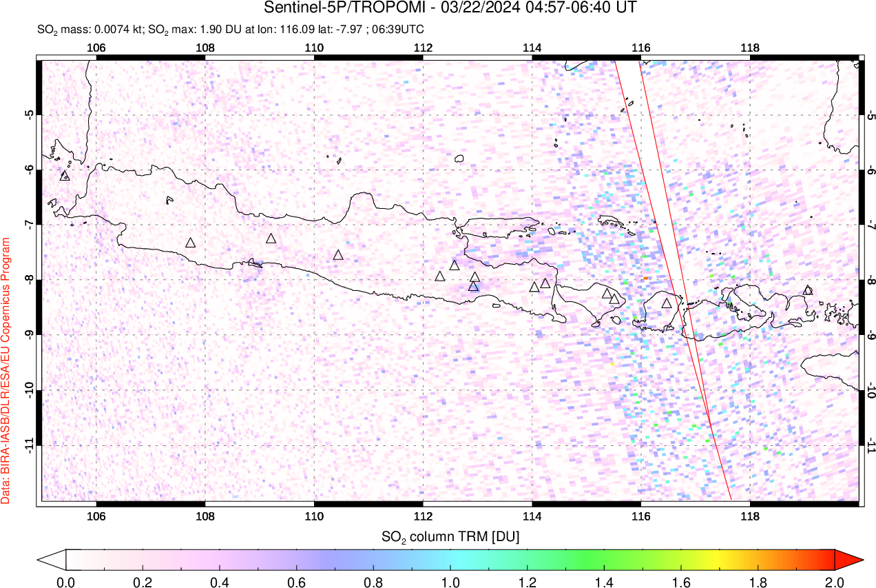 A sulfur dioxide image over Java, Indonesia on Mar 22, 2024.
