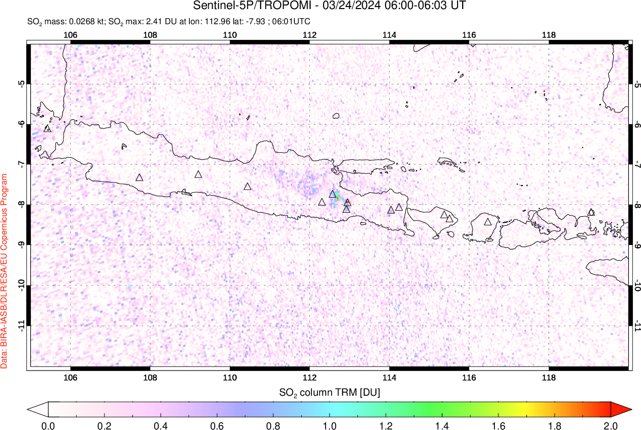 A sulfur dioxide image over Java, Indonesia on Mar 24, 2024.