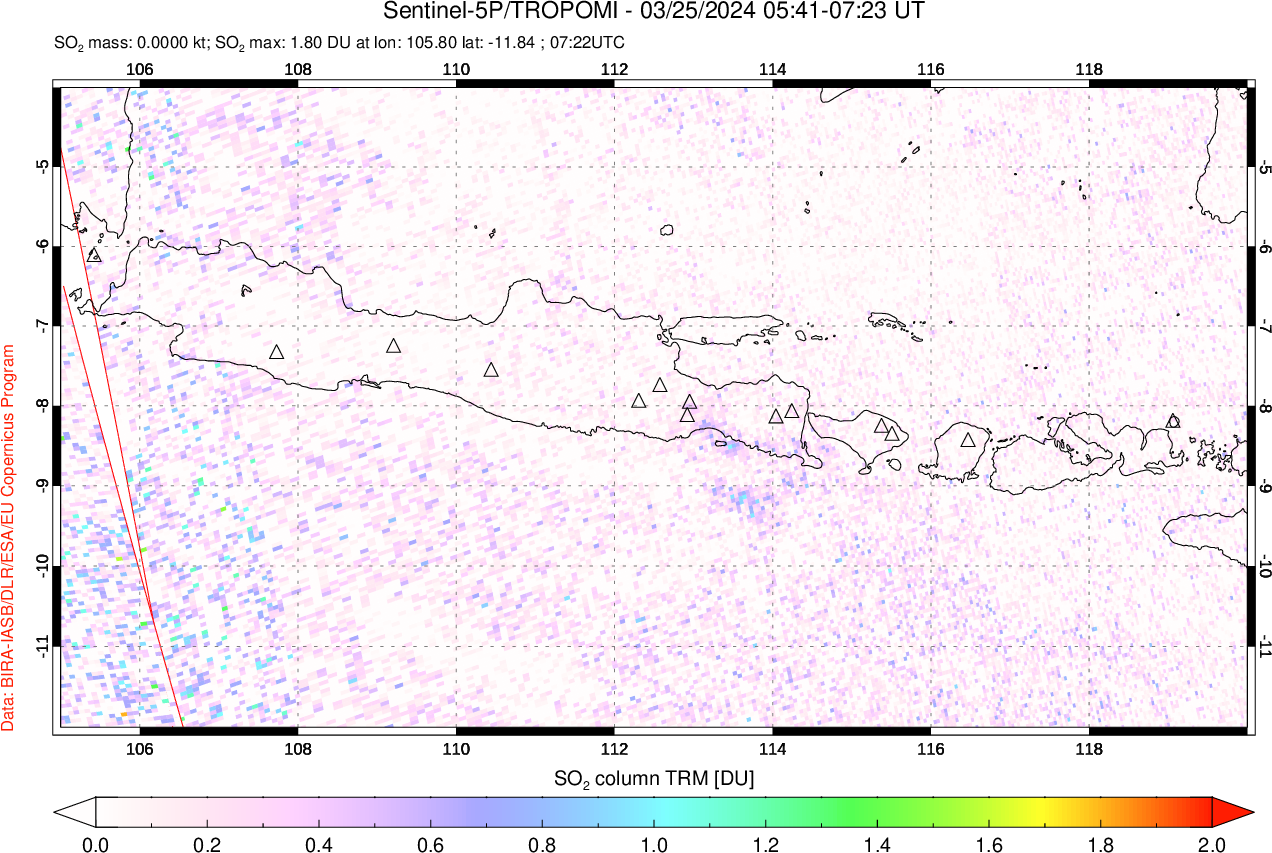 A sulfur dioxide image over Java, Indonesia on Mar 25, 2024.