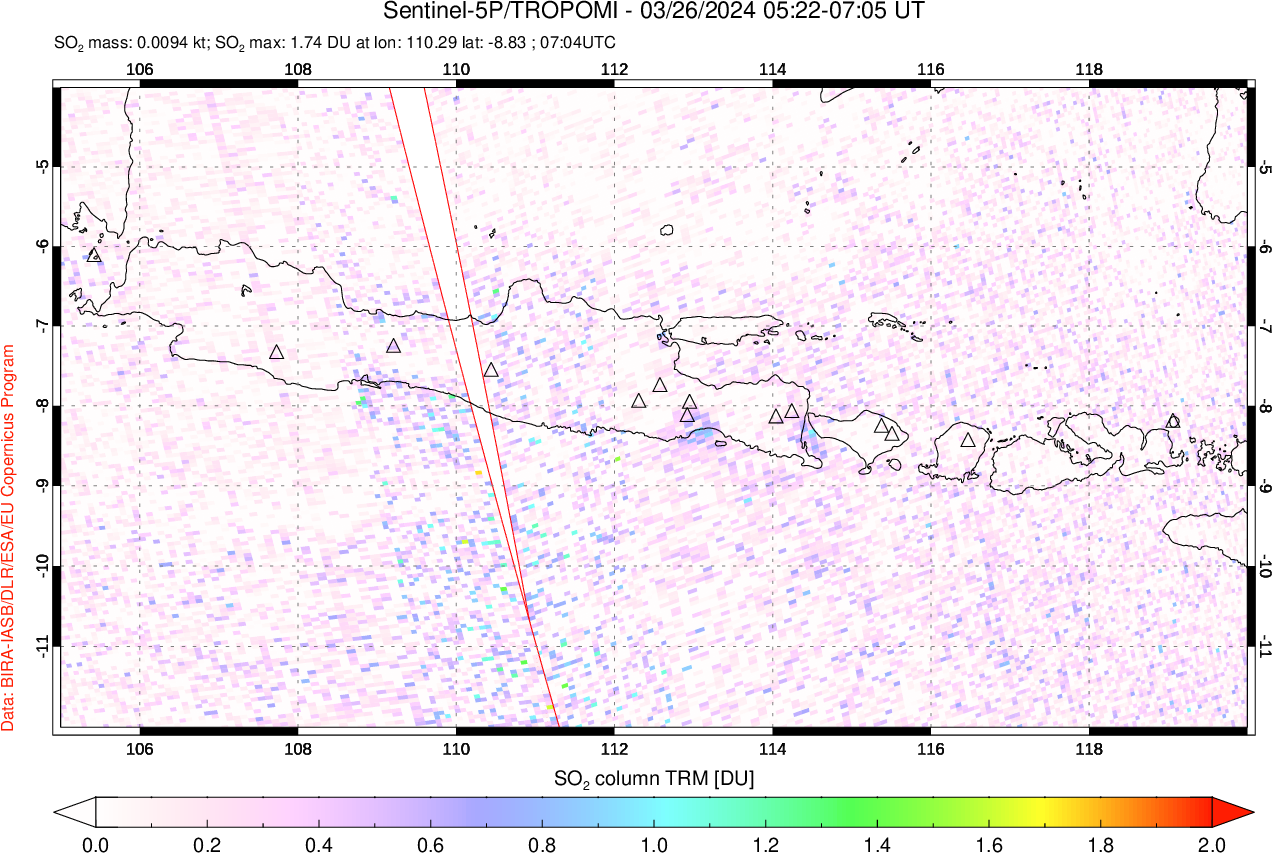 A sulfur dioxide image over Java, Indonesia on Mar 26, 2024.