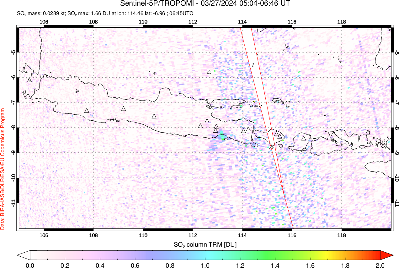 A sulfur dioxide image over Java, Indonesia on Mar 27, 2024.