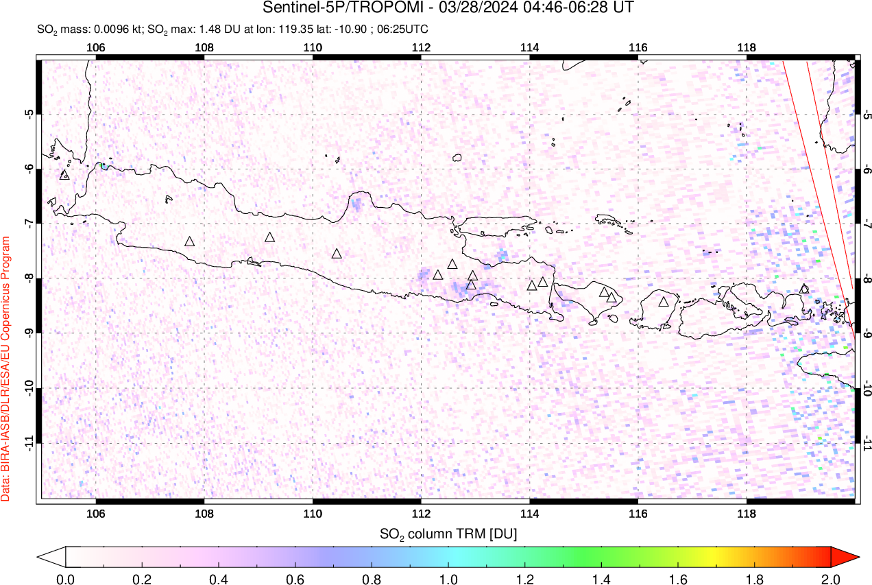 A sulfur dioxide image over Java, Indonesia on Mar 28, 2024.