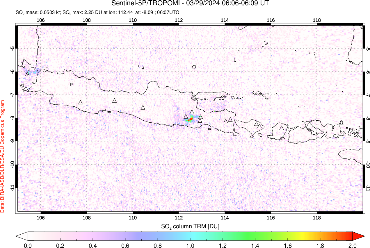 A sulfur dioxide image over Java, Indonesia on Mar 29, 2024.