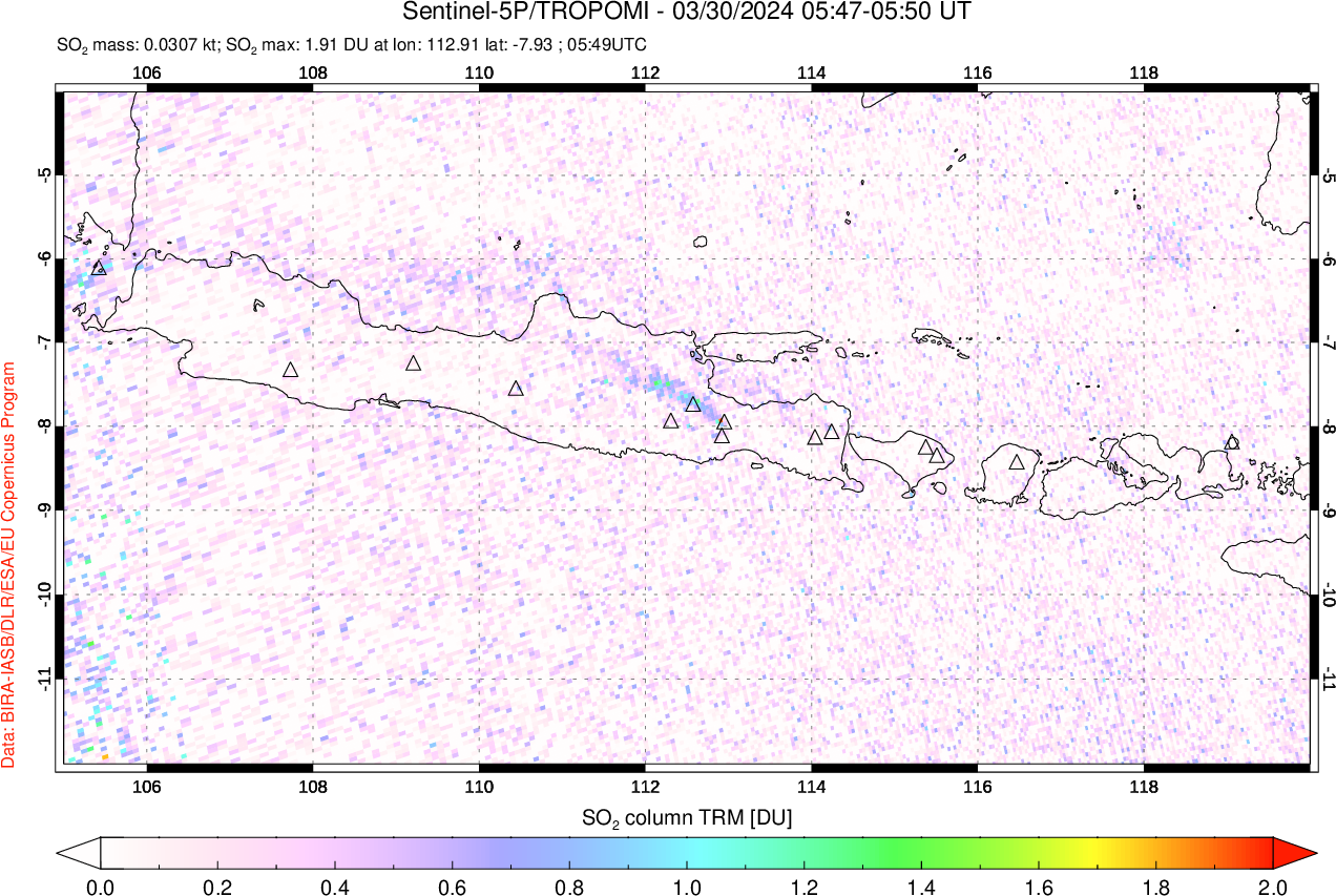 A sulfur dioxide image over Java, Indonesia on Mar 30, 2024.