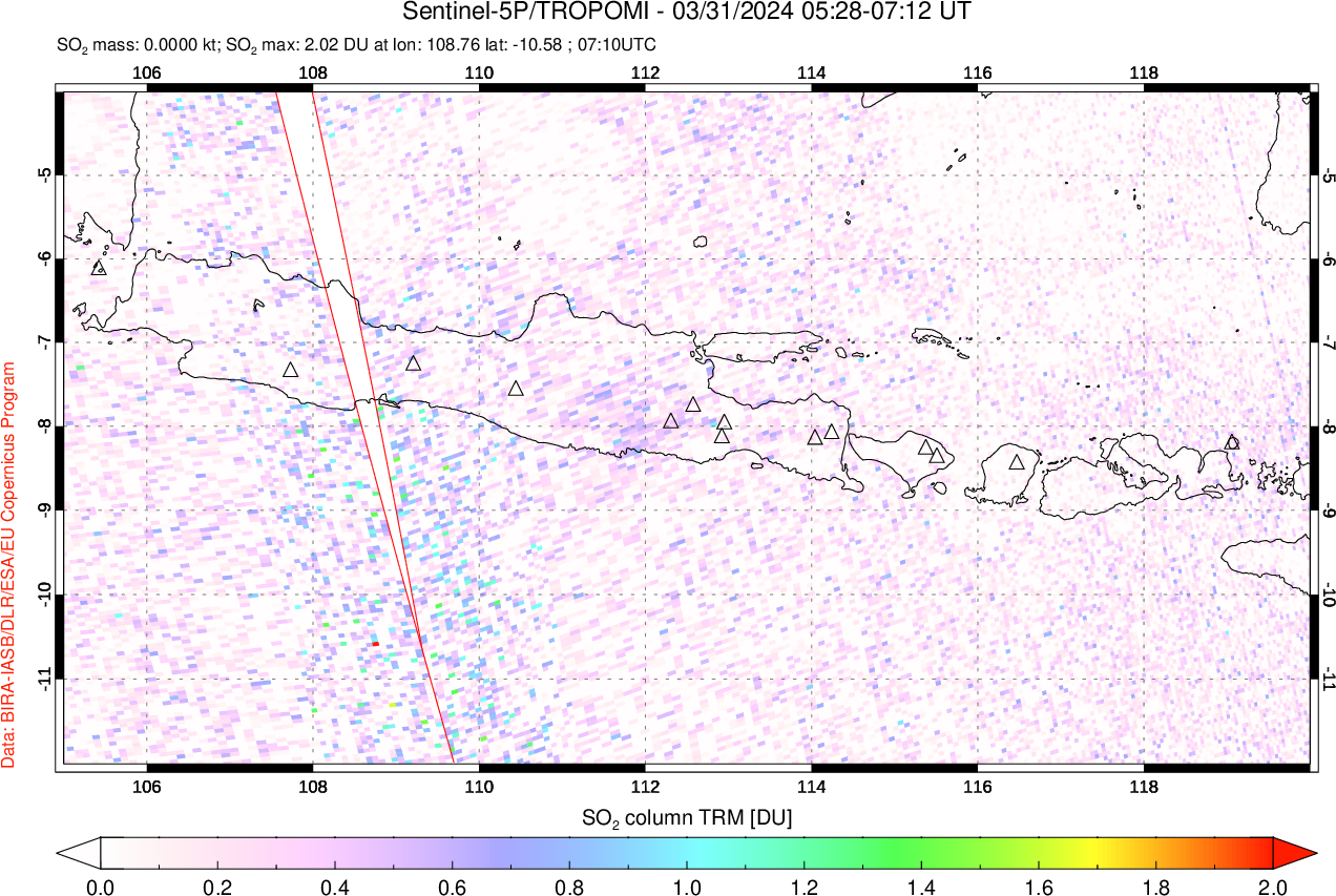 A sulfur dioxide image over Java, Indonesia on Mar 31, 2024.