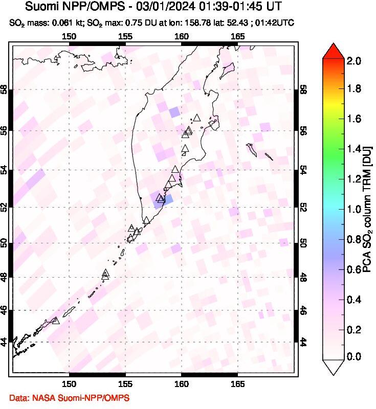 A sulfur dioxide image over Kamchatka, Russian Federation on Mar 01, 2024.