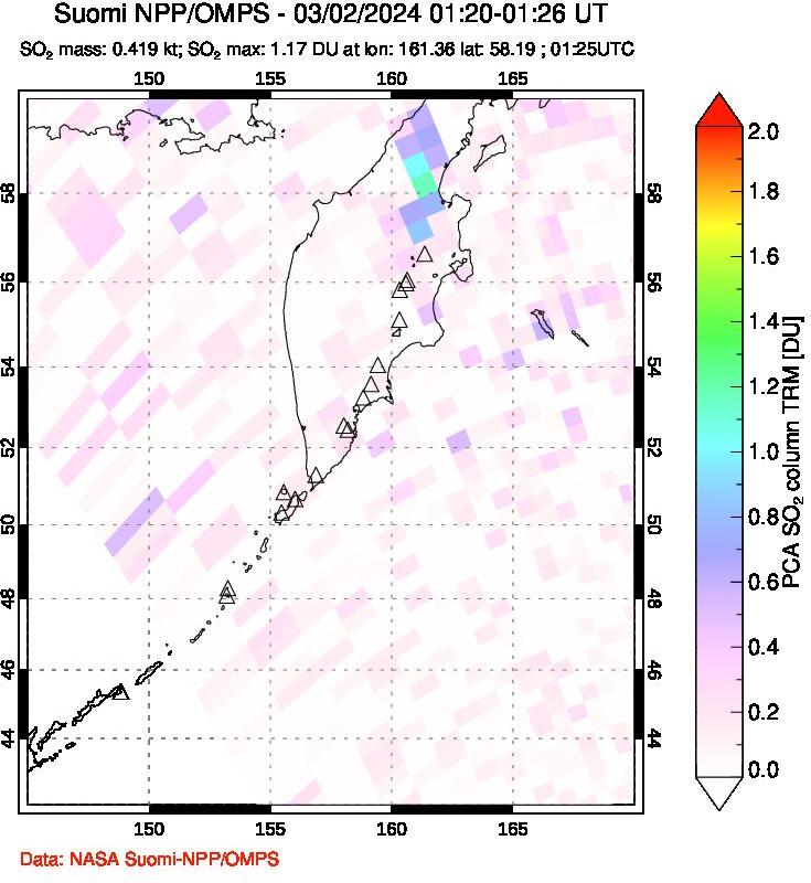 A sulfur dioxide image over Kamchatka, Russian Federation on Mar 02, 2024.