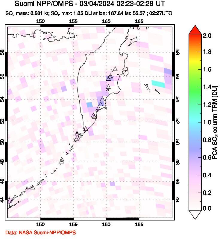 A sulfur dioxide image over Kamchatka, Russian Federation on Mar 04, 2024.