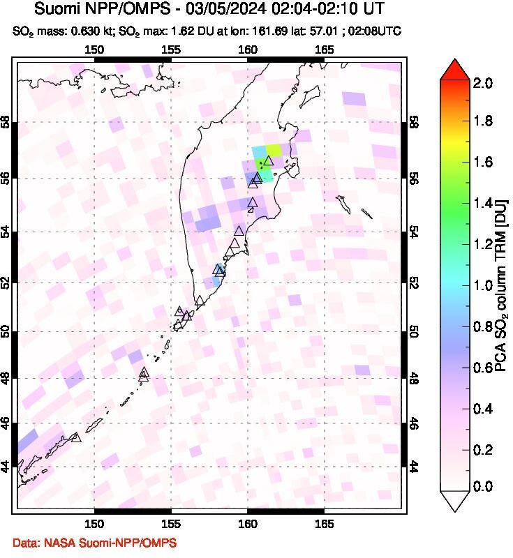 A sulfur dioxide image over Kamchatka, Russian Federation on Mar 05, 2024.