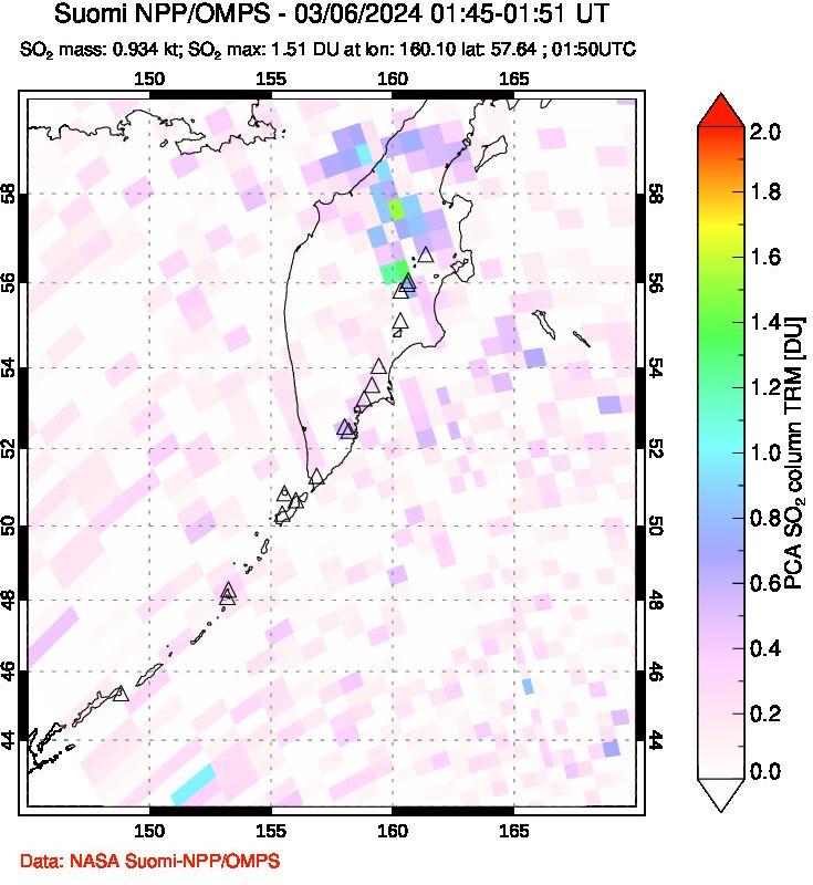 A sulfur dioxide image over Kamchatka, Russian Federation on Mar 06, 2024.