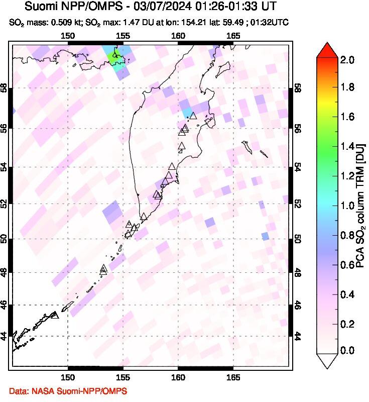 A sulfur dioxide image over Kamchatka, Russian Federation on Mar 07, 2024.