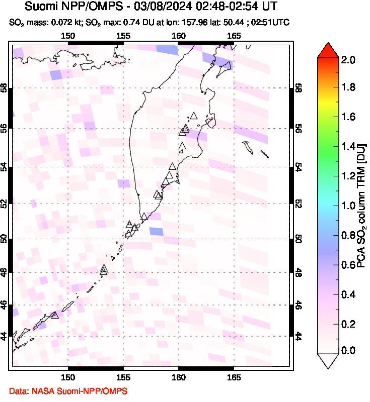 A sulfur dioxide image over Kamchatka, Russian Federation on Mar 08, 2024.