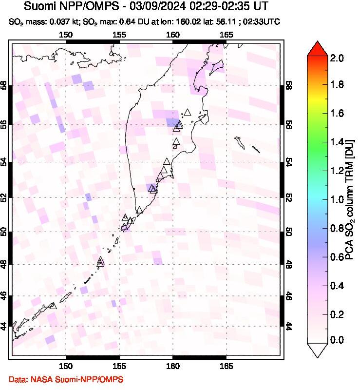 A sulfur dioxide image over Kamchatka, Russian Federation on Mar 09, 2024.