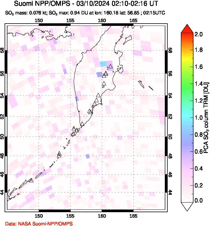 A sulfur dioxide image over Kamchatka, Russian Federation on Mar 10, 2024.