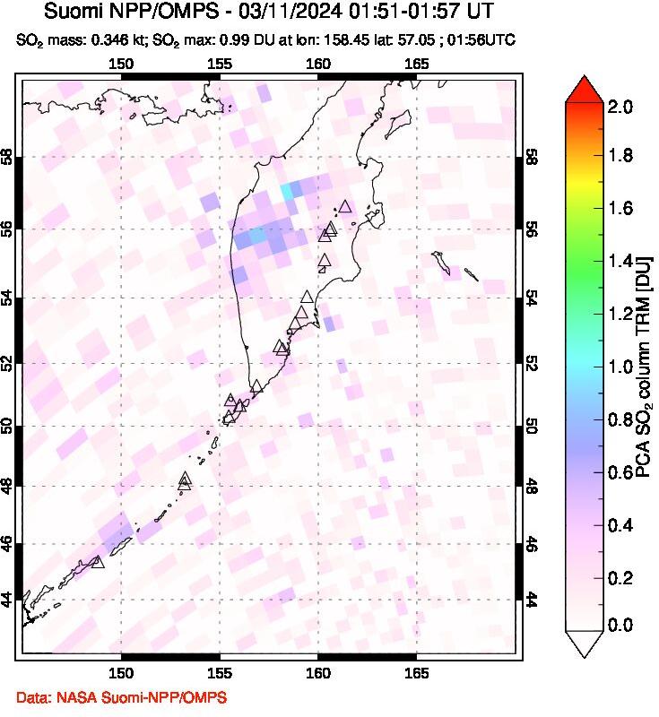 A sulfur dioxide image over Kamchatka, Russian Federation on Mar 11, 2024.