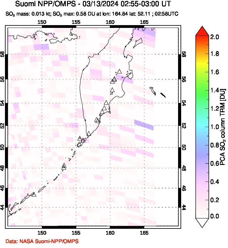 A sulfur dioxide image over Kamchatka, Russian Federation on Mar 13, 2024.