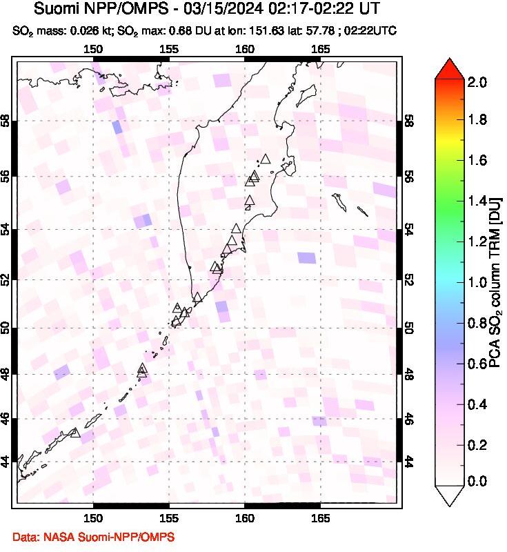 A sulfur dioxide image over Kamchatka, Russian Federation on Mar 15, 2024.