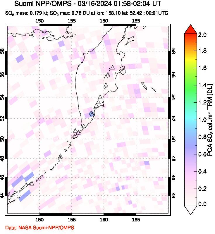 A sulfur dioxide image over Kamchatka, Russian Federation on Mar 16, 2024.