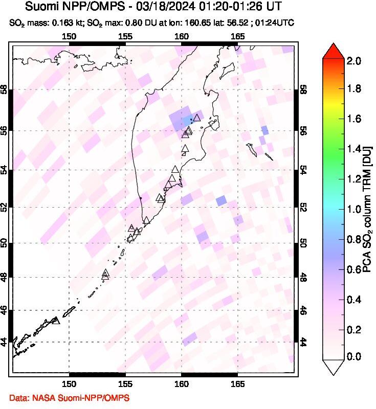 A sulfur dioxide image over Kamchatka, Russian Federation on Mar 18, 2024.