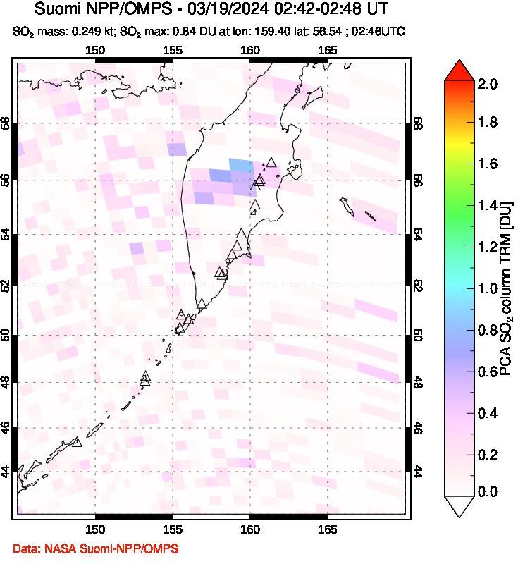 A sulfur dioxide image over Kamchatka, Russian Federation on Mar 19, 2024.