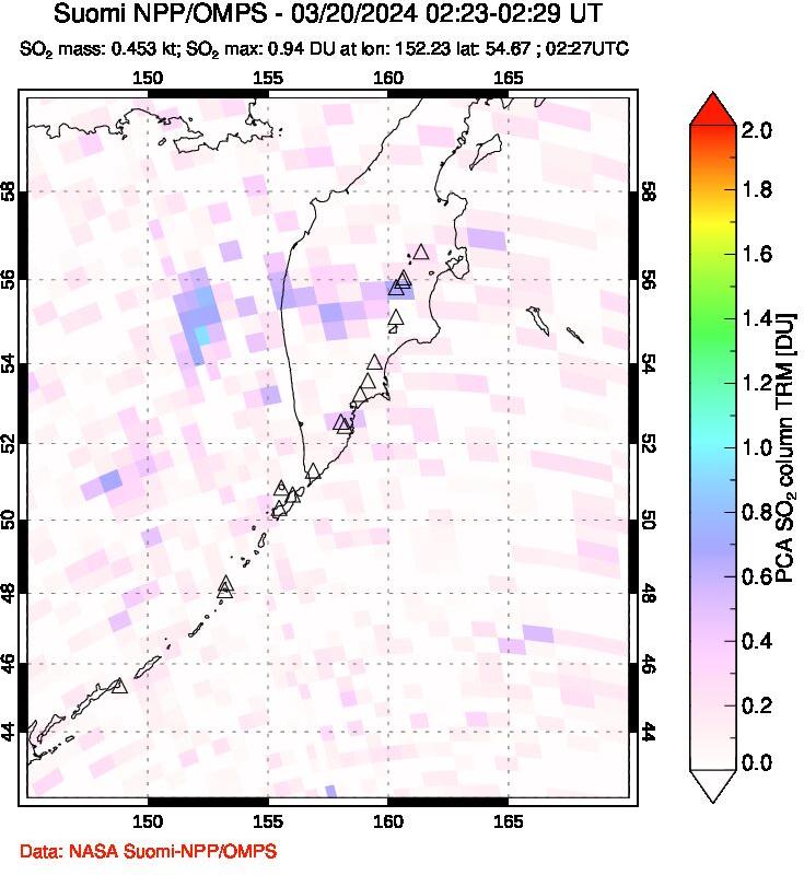 A sulfur dioxide image over Kamchatka, Russian Federation on Mar 20, 2024.