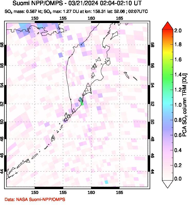 A sulfur dioxide image over Kamchatka, Russian Federation on Mar 21, 2024.