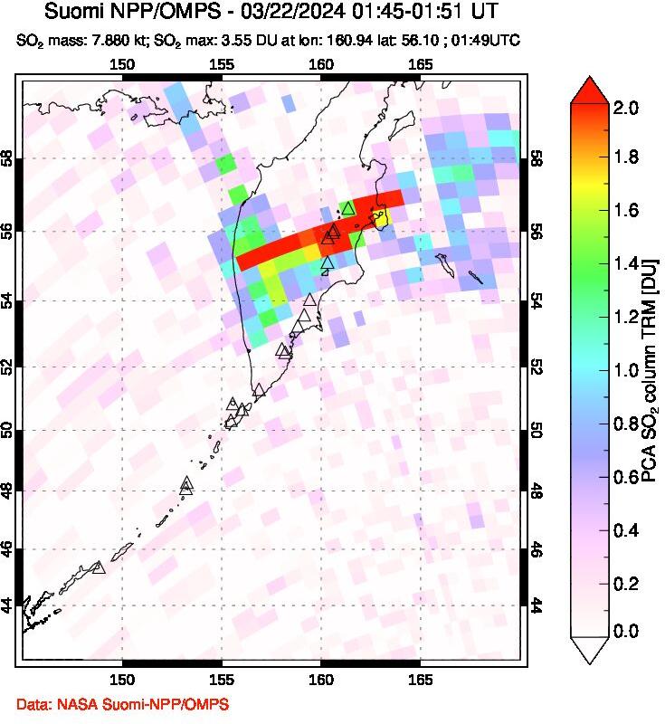 A sulfur dioxide image over Kamchatka, Russian Federation on Mar 22, 2024.