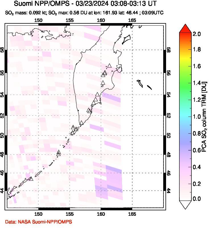 A sulfur dioxide image over Kamchatka, Russian Federation on Mar 23, 2024.