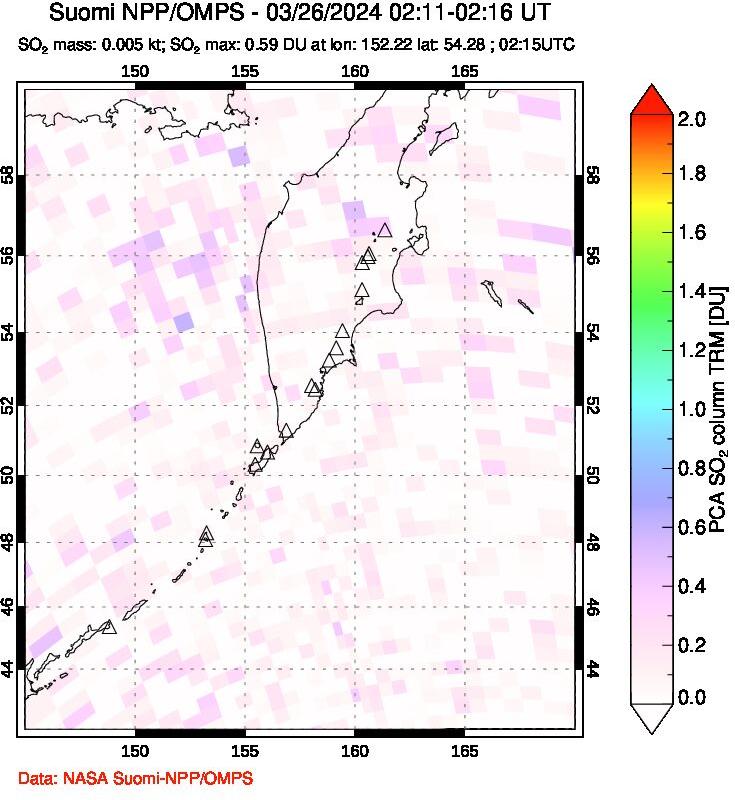 A sulfur dioxide image over Kamchatka, Russian Federation on Mar 26, 2024.