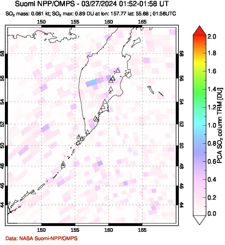 A sulfur dioxide image over Kamchatka, Russian Federation on Mar 27, 2024.