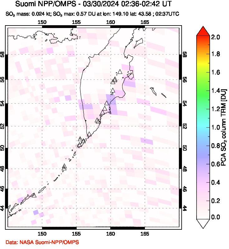 A sulfur dioxide image over Kamchatka, Russian Federation on Mar 30, 2024.