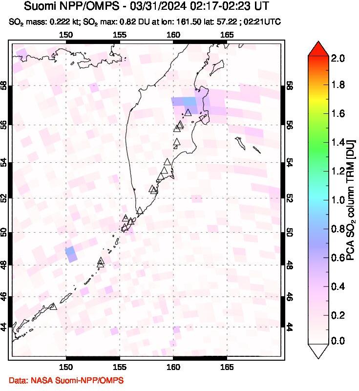 A sulfur dioxide image over Kamchatka, Russian Federation on Mar 31, 2024.