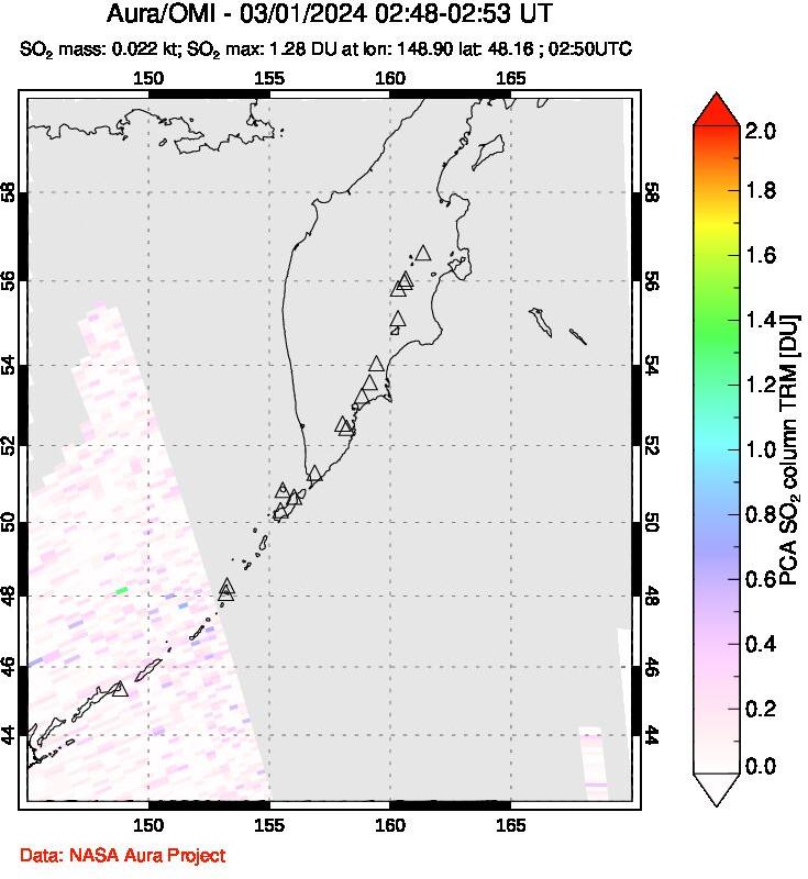 A sulfur dioxide image over Kamchatka, Russian Federation on Mar 01, 2024.