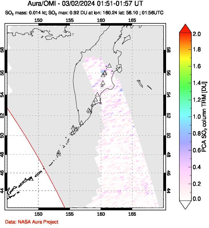 A sulfur dioxide image over Kamchatka, Russian Federation on Mar 02, 2024.