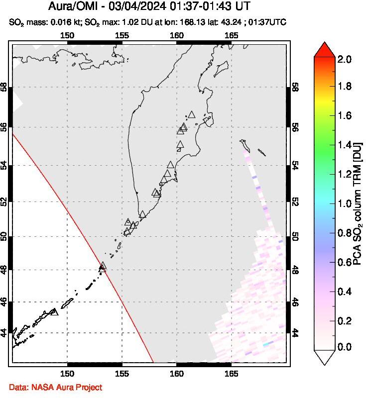 A sulfur dioxide image over Kamchatka, Russian Federation on Mar 04, 2024.