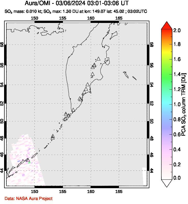 A sulfur dioxide image over Kamchatka, Russian Federation on Mar 06, 2024.