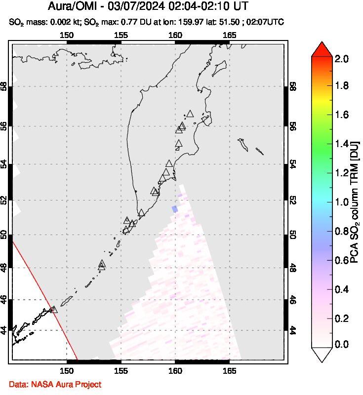 A sulfur dioxide image over Kamchatka, Russian Federation on Mar 07, 2024.