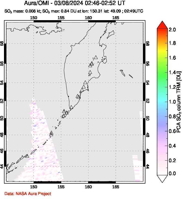 A sulfur dioxide image over Kamchatka, Russian Federation on Mar 08, 2024.