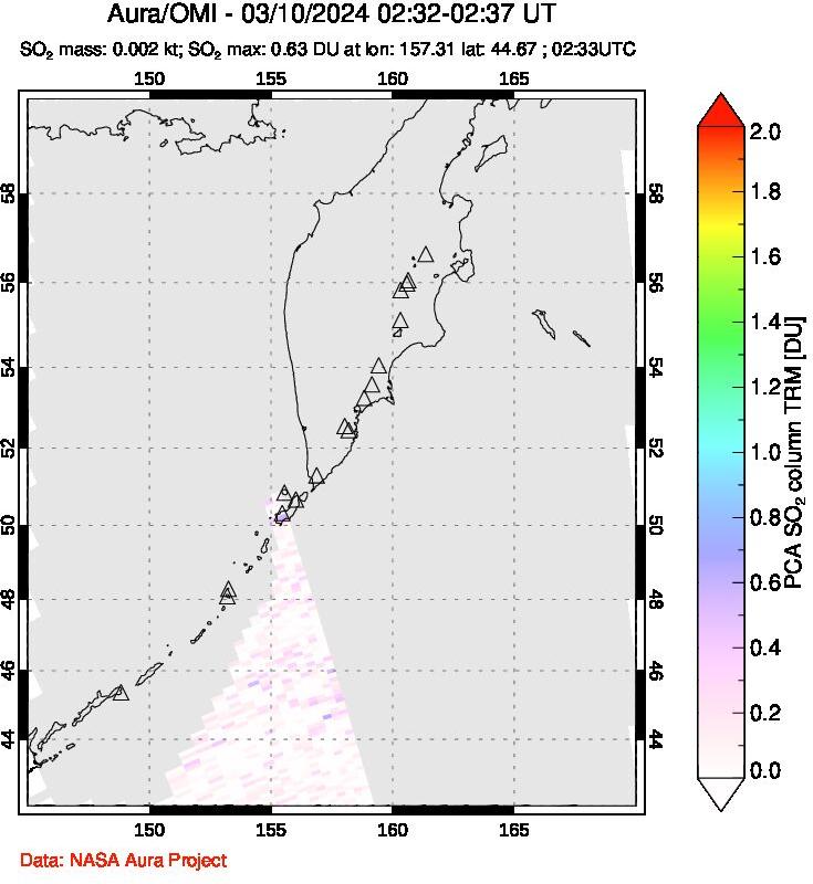 A sulfur dioxide image over Kamchatka, Russian Federation on Mar 10, 2024.