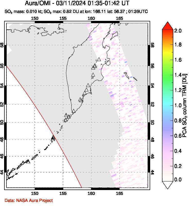 A sulfur dioxide image over Kamchatka, Russian Federation on Mar 11, 2024.