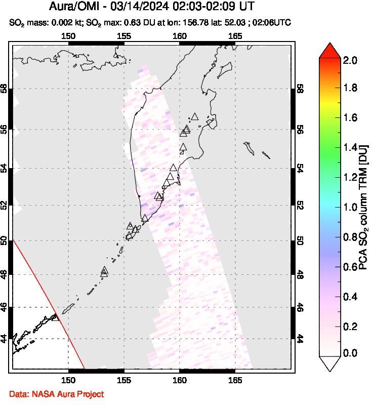 A sulfur dioxide image over Kamchatka, Russian Federation on Mar 14, 2024.