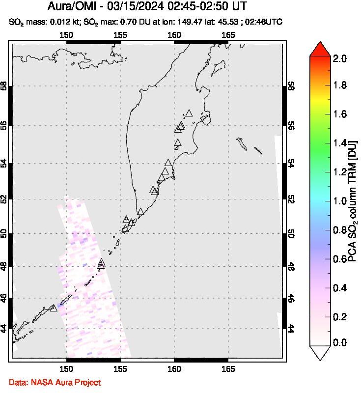 A sulfur dioxide image over Kamchatka, Russian Federation on Mar 15, 2024.