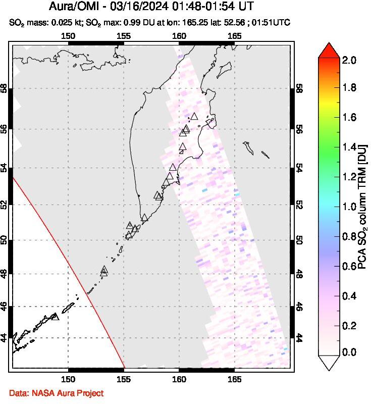 A sulfur dioxide image over Kamchatka, Russian Federation on Mar 16, 2024.