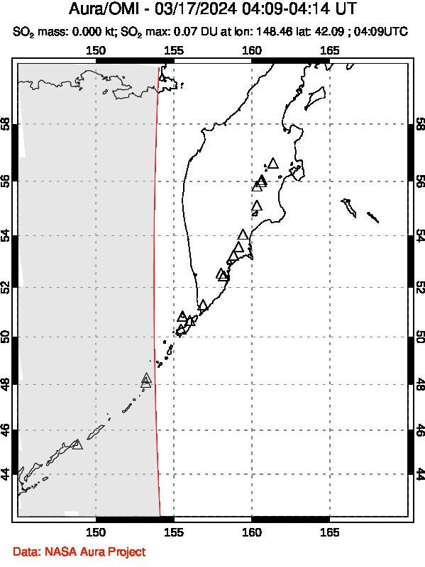 A sulfur dioxide image over Kamchatka, Russian Federation on Mar 17, 2024.