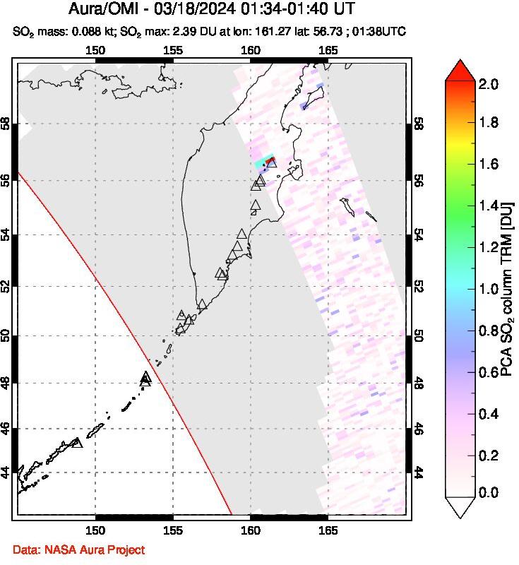 A sulfur dioxide image over Kamchatka, Russian Federation on Mar 18, 2024.