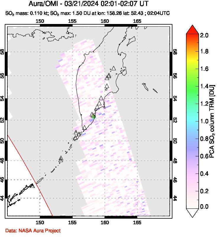 A sulfur dioxide image over Kamchatka, Russian Federation on Mar 21, 2024.