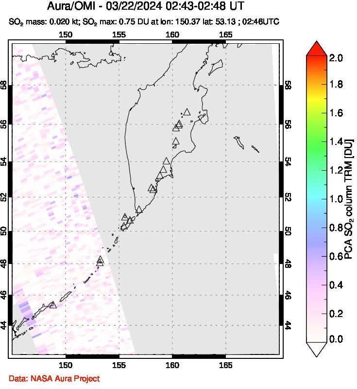 A sulfur dioxide image over Kamchatka, Russian Federation on Mar 22, 2024.