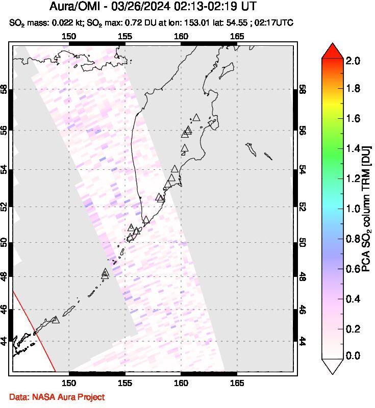 A sulfur dioxide image over Kamchatka, Russian Federation on Mar 26, 2024.