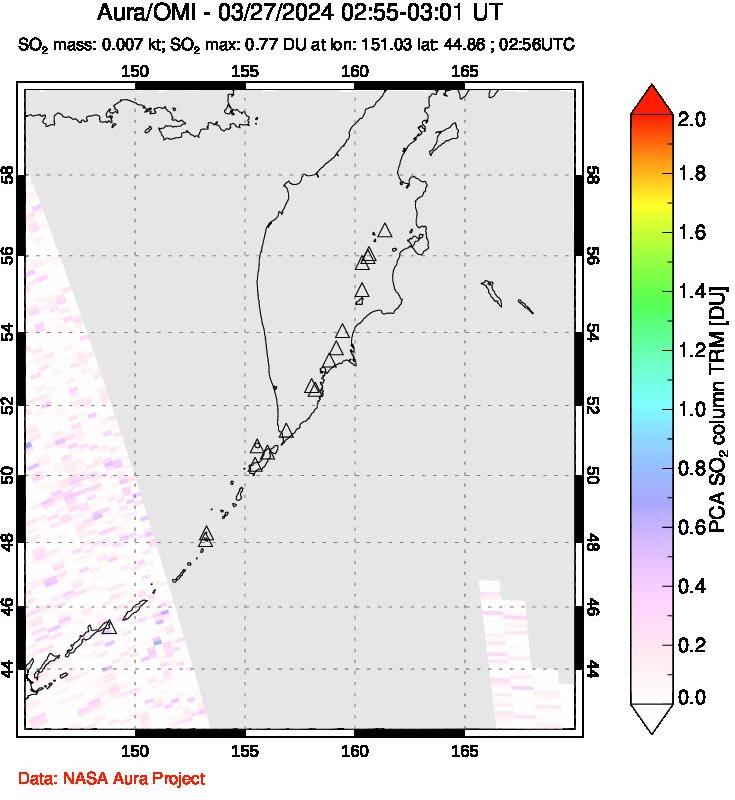 A sulfur dioxide image over Kamchatka, Russian Federation on Mar 27, 2024.